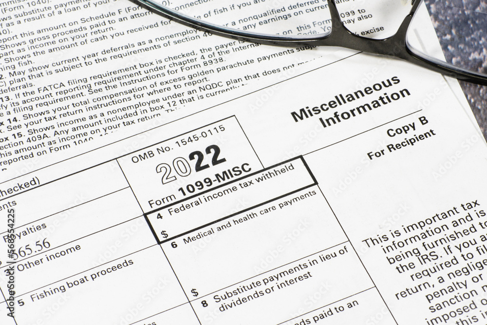 Lake Elsinore, CA, USA - January 5, 2023: Close up of upper right corner of Internal Revenue Service form 1099-MISC Lake Elsinore, CA, USA - January 5, 2023: Close up of upper right corner of Internal Revenue Service form 1099-MISC