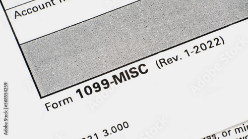 Lake Elsinore, CA, USA - January 5, 2023: Close up of lower left corner of Internal Revenue Service form 1099-MISC