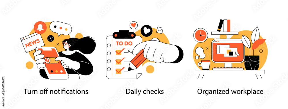 Fototapeta premium Remote Work Benefits, Limitations and Workflow Organization Concept illustrations. Collection of scenes with people organizing and improving their workflow. Visual stories