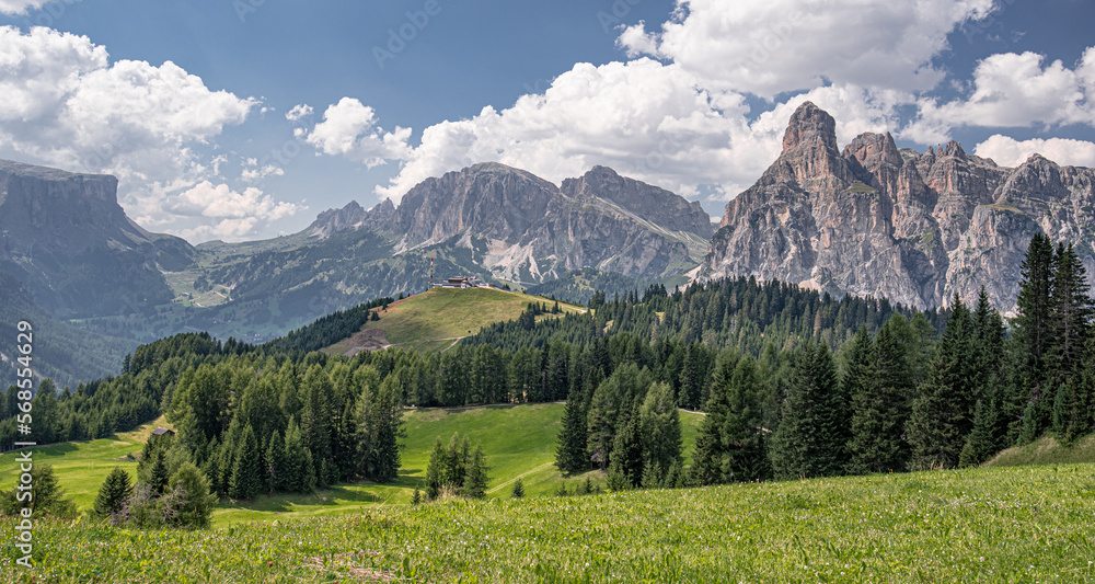 View of Sassongher mountain peak as seen from Piz Arlara above Corvara village, Val Badia, Alta Badia, Dolomites, Trentino, Alto-Adige, South Tyrol, Italy