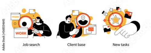 Remote Work Benefits, Limitations and Workflow Organization Concept illustrations. Collection of scenes with people organizing and improving their workflow. Visual stories