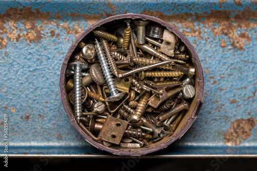 Box of screws and bolts on a rusty metal background