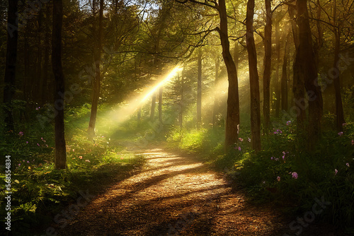 Beautiful rays of sunlight in a green forest  secret trail fairytale garden. Spring.