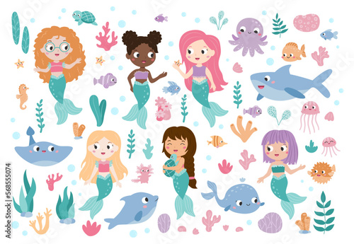 Cute mermaid princess with colorful hair isolated on white background. Sea collection. Ocean and sea animals. Funny cartoon fish, shark, dolphin and octopus. Hand drawn corals and seaweeds. Vector set