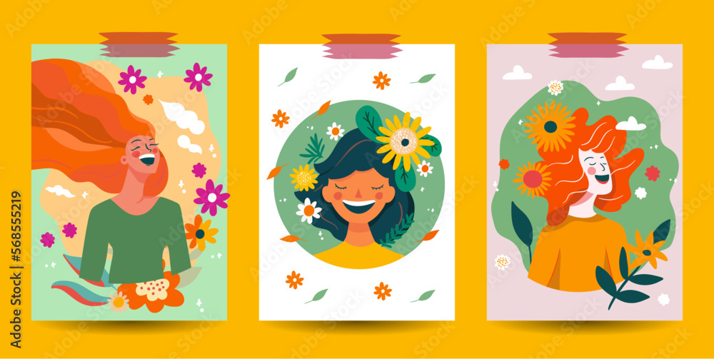 Beautiful happy woman card poster set. Summer and spring flower, girl smile beauty vector background.