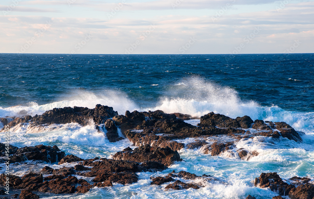 Landscape of turbulent water on the rocky coast of Sines - Portugal