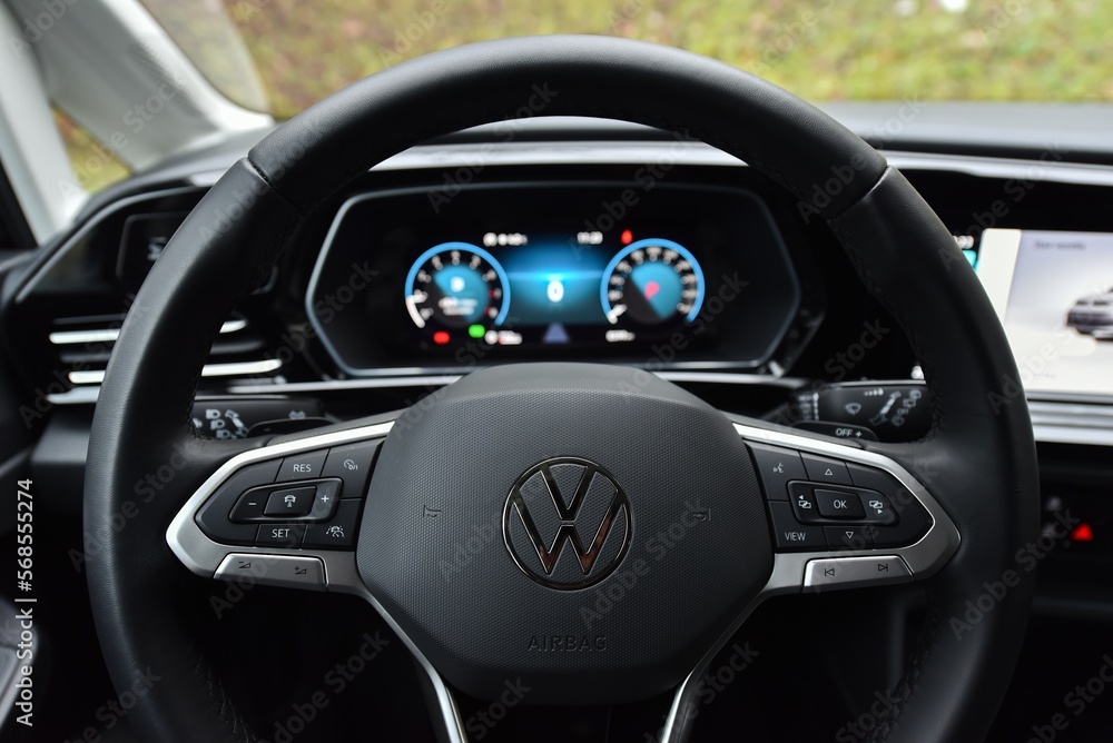 Volkswagen Caddy 1.5 TSI DSG. Cabin interior - steering wheel. 12-13-2021,  Prague, Czech Republic. Photos | Adobe Stock