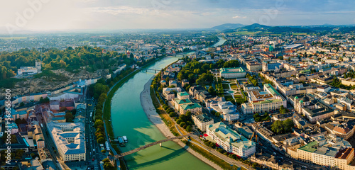 Aerial drone view of Mirabell Palace and Gardens in Salzburg, Austria.