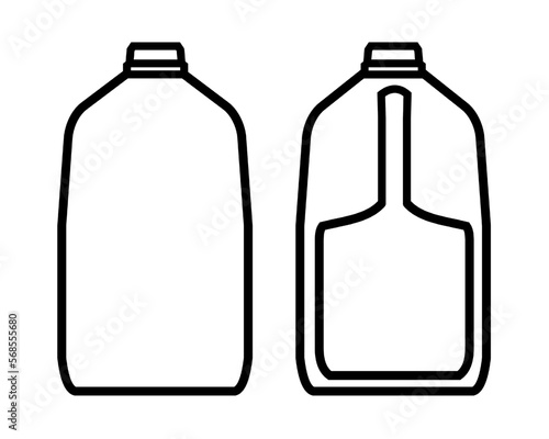 Vector illustration of a milk gallon outline. Front and back view. Bottle, jug for juice, water. Plastic packaging. Isolated on white background. Line mockup, template. Icon sign. Dairy product