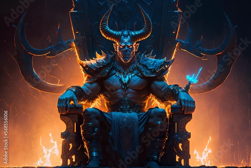 Dark horned mythological demon lord sitting on the throne of the underworld with blue and orange background