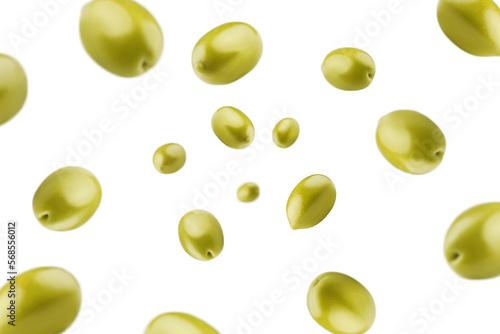 Falling Olive isolated on white background, selective focus
