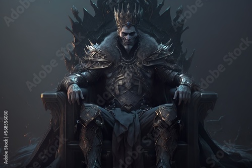 Majestic old king in crown and full body plate armor sitting on a throne  and commanding authority just with a stare of his eyes