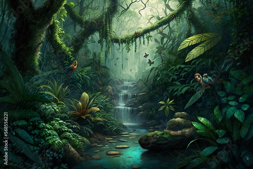 Peaceful rainforest still life picture with liana  big trees  big leafed plants and exotic animals