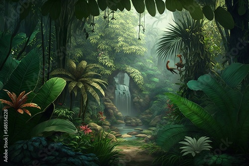 Peaceful rainforest still life picture with liana, big trees, big leafed plants and exotic animals