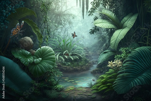 Peaceful rainforest still life picture with liana  big trees  big leafed plants and exotic animals