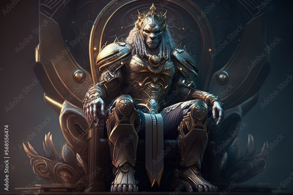 Majestic lion king in full body plate armor sitting on a throne  and commanding authority just with a stare of his eyes