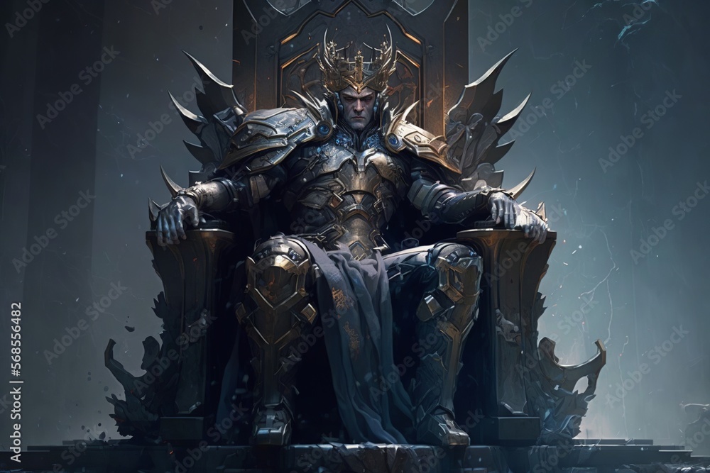 Majestic king in full body plate armor sitting on a throne and