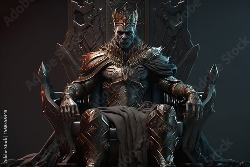 Majestic king in full body plate armor sitting on a throne and commanding authority just with a stare of his eyes