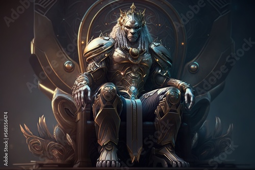 Majestic lion king in full body plate armor sitting on a throne and commanding authority just with a stare of his eyes