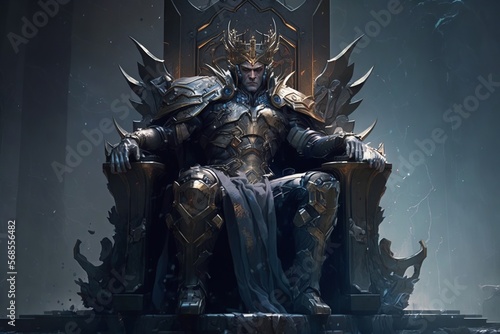 Majestic king in full body plate armor sitting on a throne  and commanding authority just with a stare of his eyes