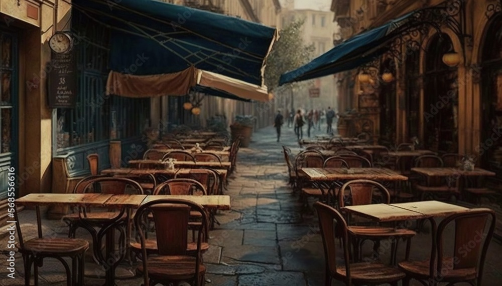  a painting of a city street with tables and chairs and a person walking down the street in the distance with an umbrella over the tables.  generative ai