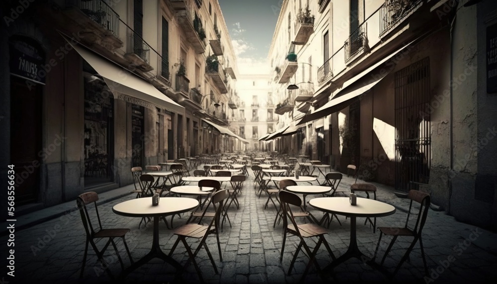 Naklejka premium an empty street with tables and chairs in the middle of the street and buildings in the backround of the street and a few tables and chairs on the side of the street. generative ai