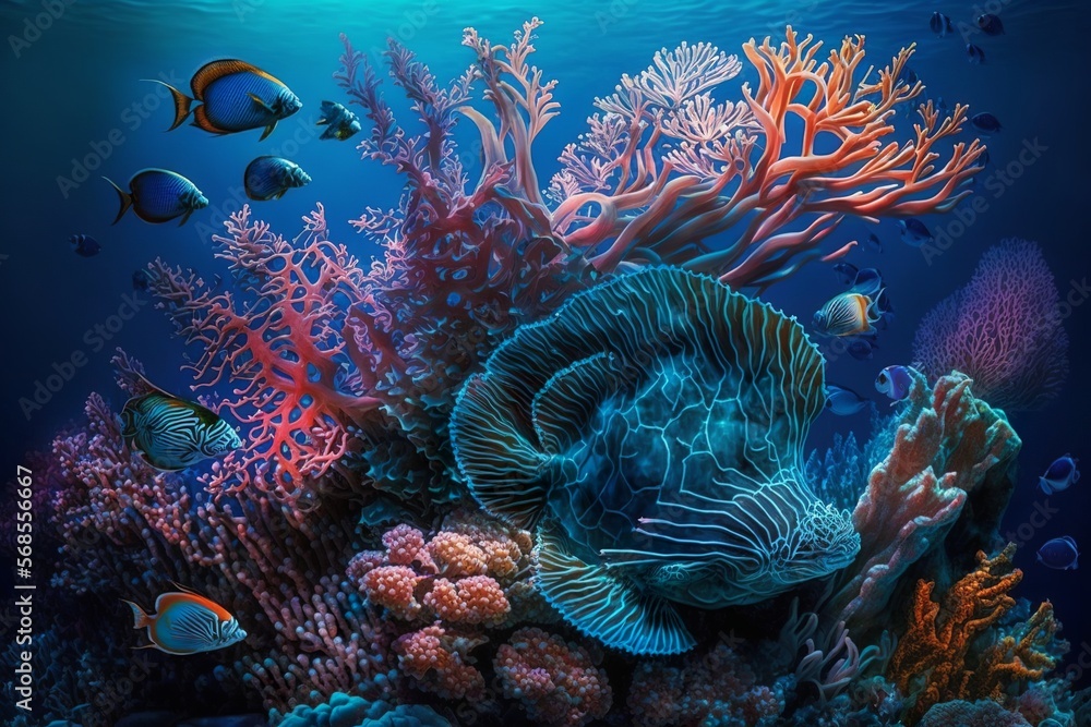 Obraz premium Vivid and colorful marine life with coral reef and different fishes underwater with lights