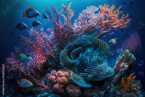 Vivid and colorful marine life with coral reef and different fishes underwater with lights