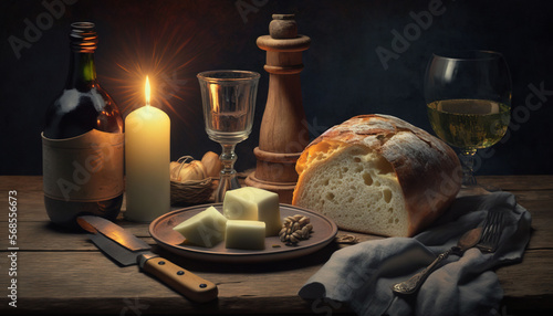  a table topped with a loaf of bread next to a bottle of wine and a glass of wine next to a knife and a candle. generative ai