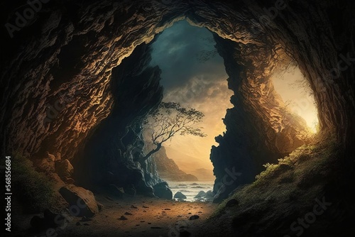 Cave entrance with a view of the mountains outside. Generative AI