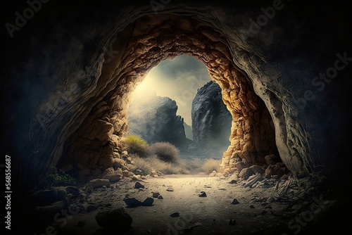 Cave entrance with a view of the mountains outside