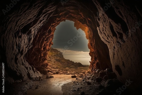 Cave entrance with a view of the mountains outside. Generative AI