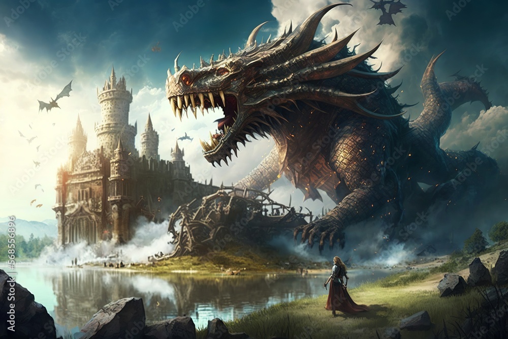 Colossal dragon fantasy guardian protecting castle in the middle of a lake from lone wanderer knight