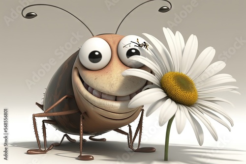  a cartoon bug holding a daisy flower with its eyes wide open and a big smile on its face, standing on a white surface with a gray background. generative ai