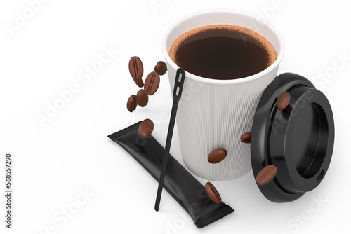 Paper coffee cup with cover  sugar  coffee bean and stick for americano espresso