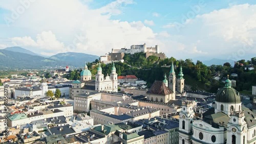 aerial drone panorama of Salzburg city in Austria. View of the historic city of Salzburg and Salzach river at summer.