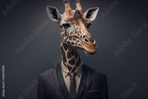 Portrait of a Giraffe Dressed in a Formal Business Suit, The Elegant Boss Giraffe, Generative Ai photo