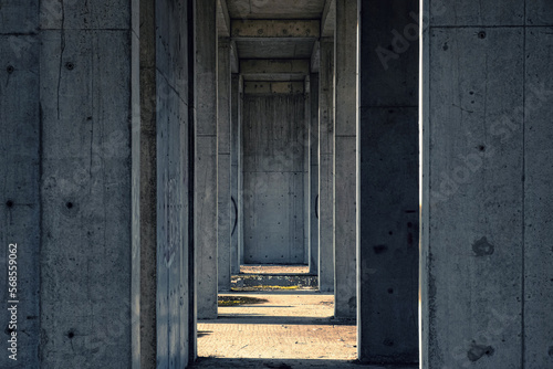 Abstract minimal geometric architecture pattern. Abandoned construction concrete building perspective