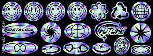 Holographic sticker set in a trendy retro y2k style. Vector Graphic with textured foil effect. Nostalgia for the 80s, 90s, 2000s