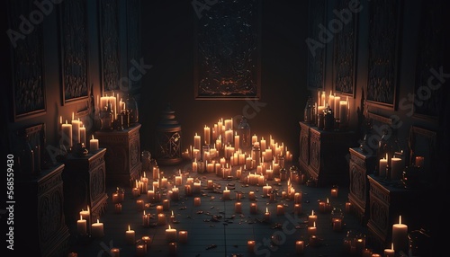  a room filled with lots of lit candles next to a wall with a painting on the side of it and a window in the back. generative ai