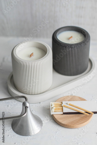 Set of Candles, concrete with black and white color, in a unique candle holder and oval coaster made from concrete in white colors.