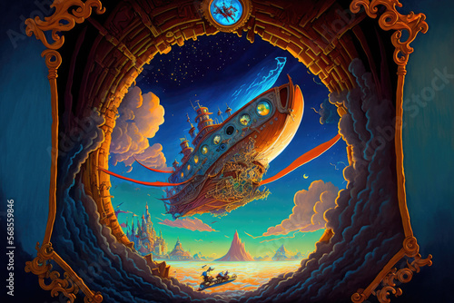 acrylic art, illustration, and oil painting in a fantasy setting with Peter Pan's flying ship traveling through space via a time portal. Generative AI photo