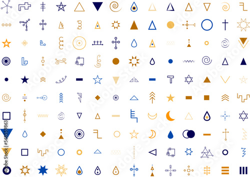 Collection of aesthetic and modern Astrology minimalistic linear illustrations of the sun, moon, stars, geometric elements
