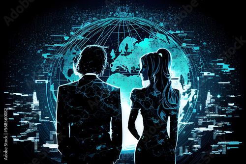 Man and woman on background of planet with designations of Internet communication. Concept of communication business technologies..