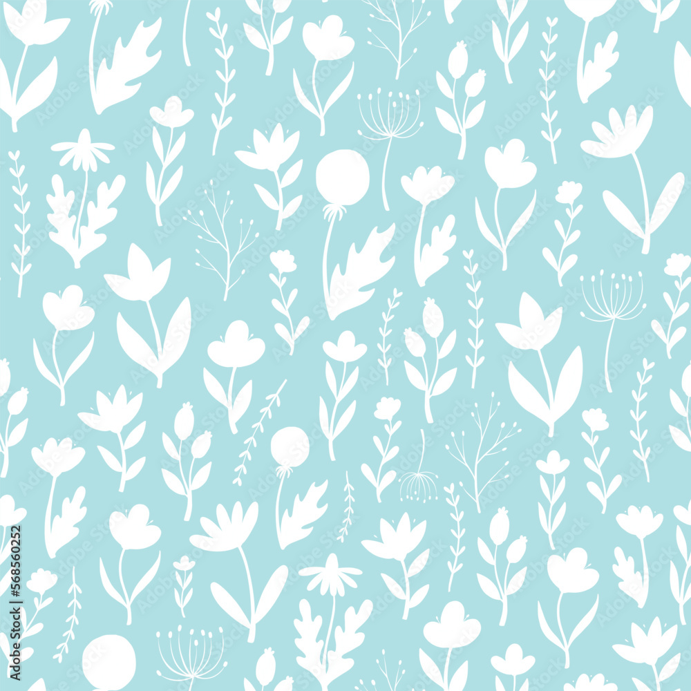 floral seamless pattern with silhouettes of wildflowers on mint background. Spring textile print, wallpaper, wrapping paper, bedding decor. EPS 10