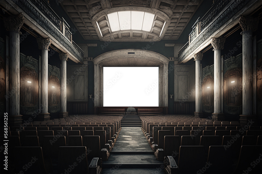 Empty screen vintage movie theater interior.Copy space.Created with generative ai