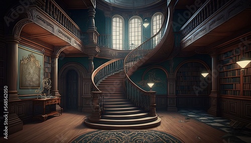 Fotografija a spiral staircase in a large room with bookshelves and a clock on the side of the wall and a painting on the wall