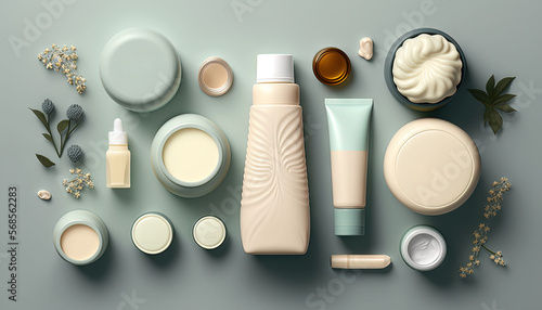  a variety of cosmetic products are arranged on a gray surface with leaves and flowers around them, including a bottle of lotion, a cream, a container, a container, and a cup. generative ai