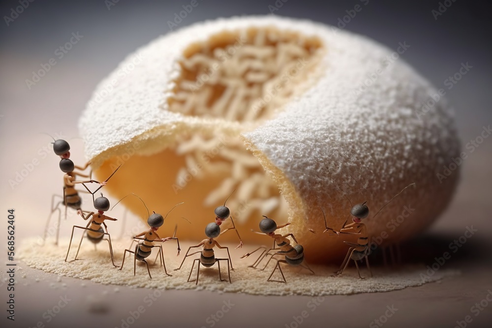  a group of ants standing in front of a donut filled with powdered sugar and sprinkled with tiny antlers on top.  generative ai