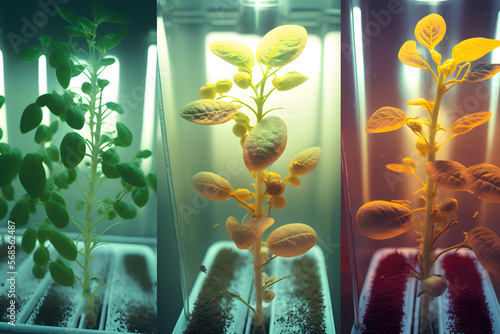 Microclones of plants of various crops, vegetables, fruits and others grown in test tubes, genetic experiments hybrids, macro view. Generative AI technology. photo